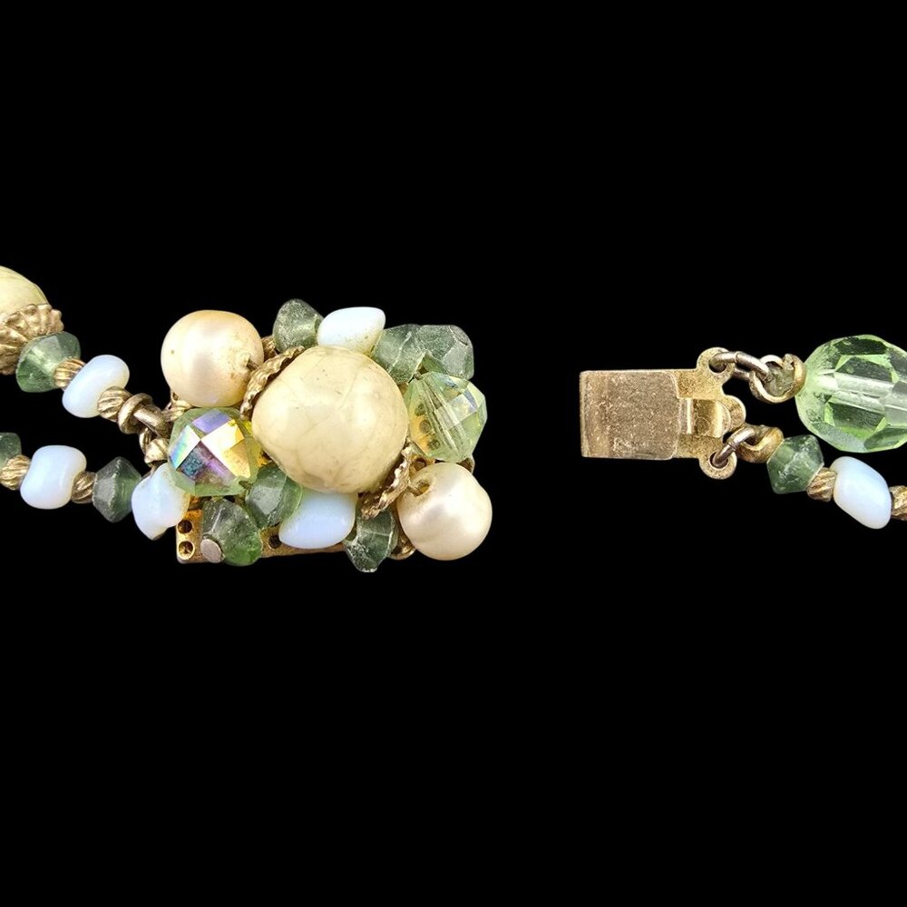 Multi-Strand Green & Cream Glass Bead Necklace Brass Clasp 44" Opera Easter - Picture 3 of 8